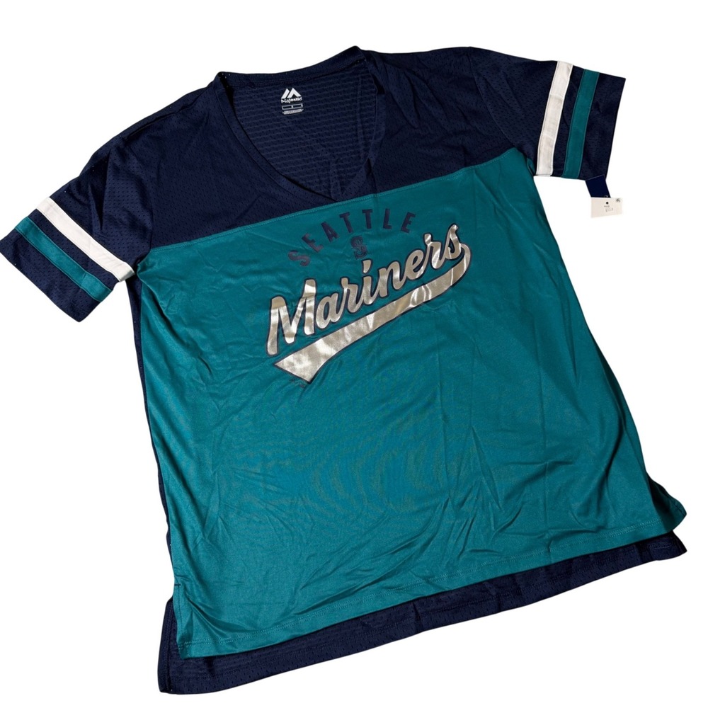Majestic Seattle Mariners Women Large Navy Teal V-Neck Mesh Jersey T-Shirt NEW